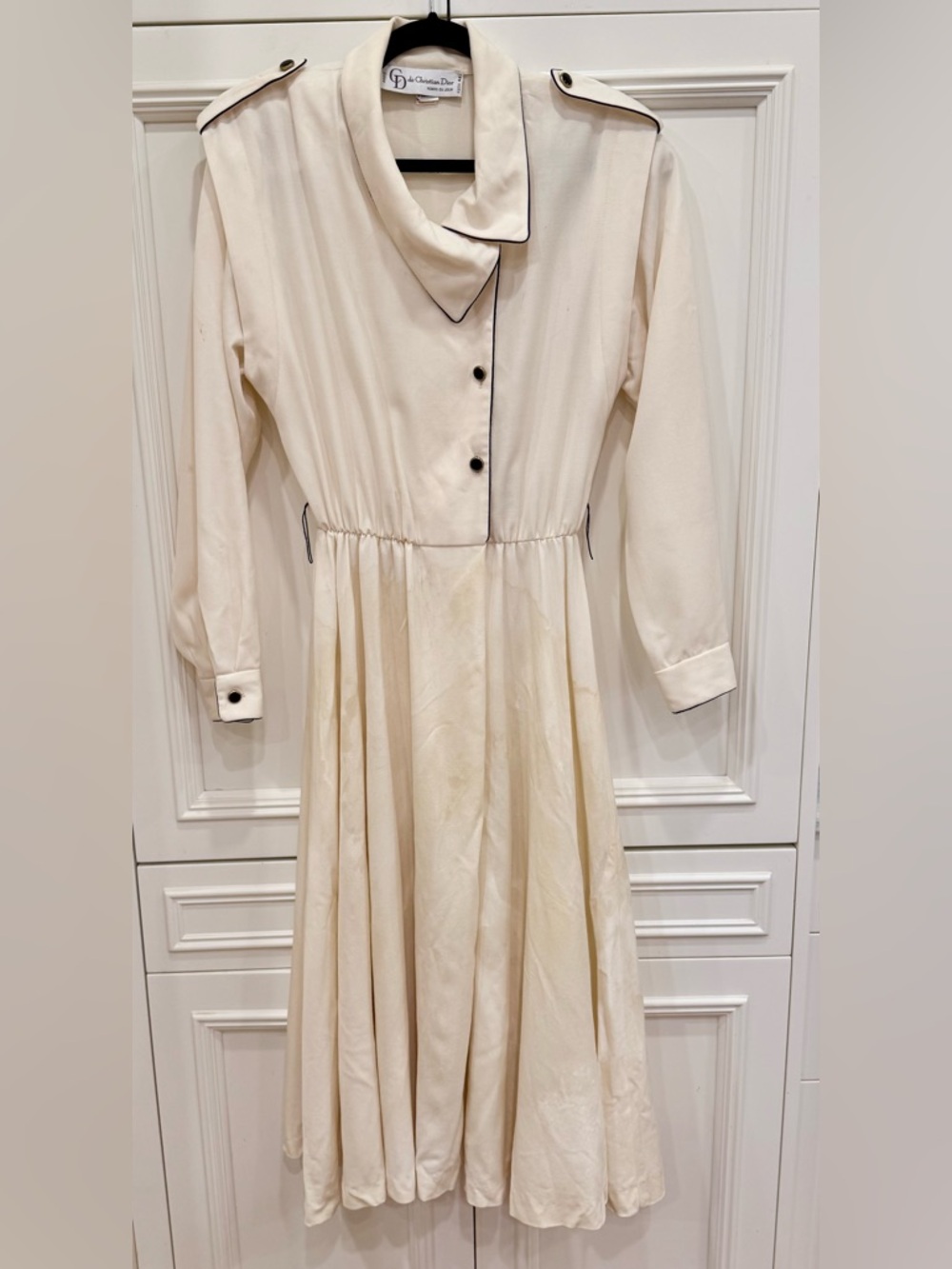 DIOR Vintage Rare 100% Wool Cream W/ Navy Long-Sleeved Mid-Length Dress - 10